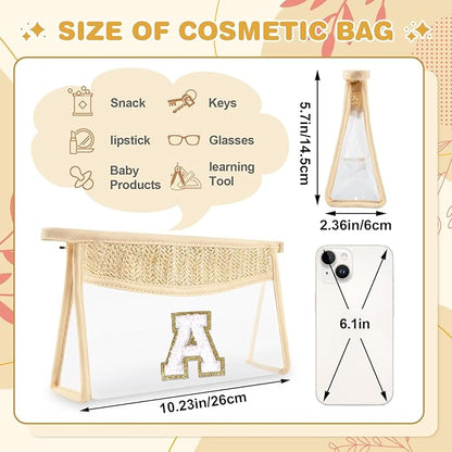 Personalized Initial Letter Bag Boho Straw Clear Makeup Bag,Small Cute Chenille Varsity Letter Bag With Zipper,Beach Travel Toiletry Bag,Portable Monogrammed Cosmetic Bag for Women Girls,A