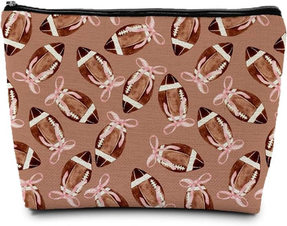 Coquette Pink Bow Football Makeup Bag, Football Lovers Gifts Cosmetic Bags for Women, Sports Player Fan Gifts Portable Travel Toiletry Bag Zipper Makeup Pouch