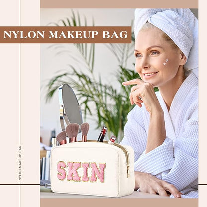 Cunno 4 Pcs Preppy Makeup Bags Chenille Letter Stuff Bag Nylon Cosmetic Pouch Cases with Zipper for Women Travel Toiletry