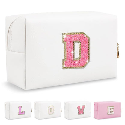Small Personalized Initial A-Z Patch Makeup Bag,White Cute PU Leather Glitter Letter Cosmetic Bag for Teen Girls,Travel Toiletry Bag with Zipper,Preppy Monogrammed Birthday Gift for Daughter Niece D