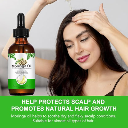 Moringa Oil for Hair 2.02 fl.oz, 100% Natural Premium Organic Cold-Pressed Glass Bottle Moringa Oil, Moringa Seed Oil for Face, Hair & Body Care, Anti-Aging, Nourish Hair, Scalp & Body Massage
