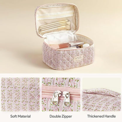 HBselect Quilted Makeup Bag, 3PCS Cotton Large Travel Makeup Bag, Cute Floral Coquette Make up Bag Cosmetic Bag Toiletry Bag for Women Girls