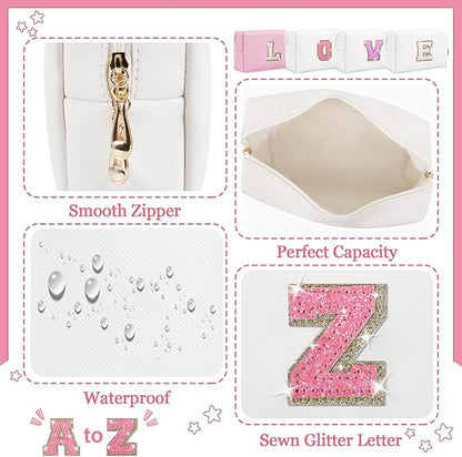 Initial Letter Patch Makeup Bag, Preppy Glitter Letter Pouch Cosmetic Bag,Small PU Travel Toiletry Bag Zipper,Personalized Monogrammed Gift for Friends Sister,Cute Stuff for Women Teen Girls(Letter Z)
