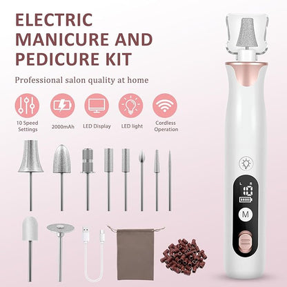 Electric Nail Drill Kit Cordless Professional Manicure Pedicure Nail File Buffer for Acrylic Nails Gel Polishing Removing Manicure Salon Home with Nail Drill Bits Sanding Bands