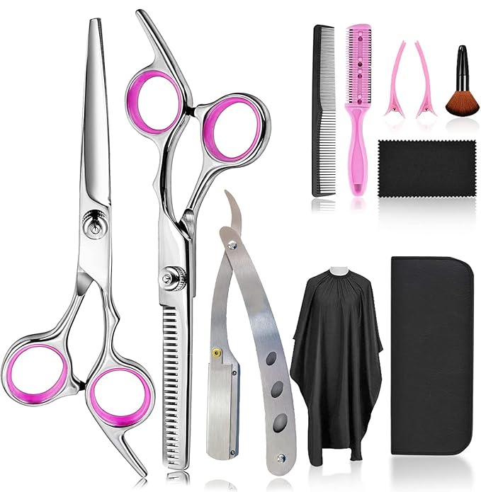 FCYSY Professional 11-Piece Hair Cutting Scissors Kit, Barber Scissors Hairdressing Texture Shears Straight Edge Razor Barber Supplies, Haircutting Shears Salon Tools