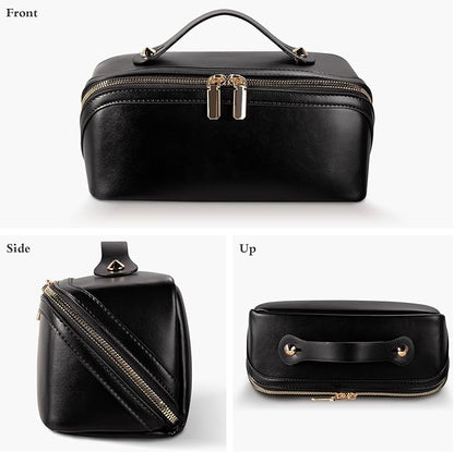 Abiudeng Travel Makeup Bag,Large Capacity Toiletry Bag Cosmetic Bags for Travel Essentials,Waterproof Portable Pouch Open Flat Makeup bag Organizer with Divider and Handle-black