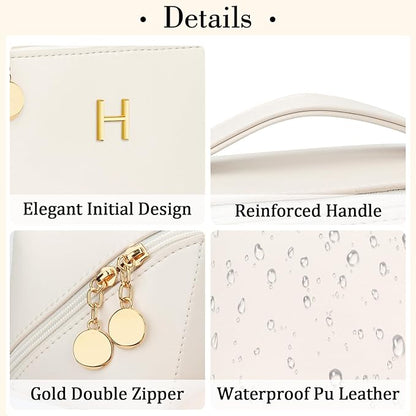 Birthday Gifts for Women Teen Girl, Personalized Initial Makeup Organizer Bag Set, Open Flat Travel Cosmetic Bag With Clear Divider and Handle(Beige,H)