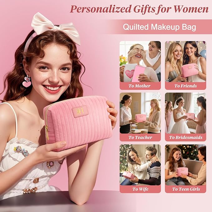 Monogrammed Make Up Bags for Women,Personalized Cosmetic Bags Women,Small Quilted Makeup Pouch,Cute Makeup Bag Travel,Birthday Gifts for Teen Girl (Pink H)