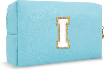 Personalized Small Initial Preppy Makeup Bag, Cute Blue Chenille Letter Cosmetic Organizer Toiletry Travel Pouch, Waterproof Portable PU Monogram Make Up Bag Case Gift for Women Friends Her(Letter I)