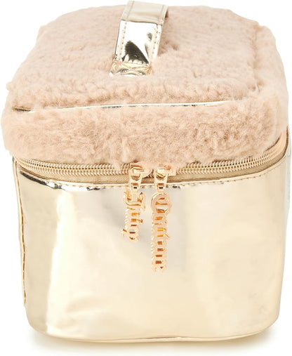 Juicy Couture Gold Makeup Bag Cosmetics Organizer Travel Essentials Train Case Shiny Rhinestones Faux Shearling
