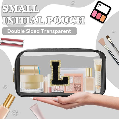 Small Clear Personalized Initial Makeup Bag,Nylon Preppy A-Z Chenille Letter Patch Cosmetic Pouch Beach Toiletry Bag,Waterproof Zipper Travel Purse Storage Bag Organizer for Women Girls(Black-Black L)
