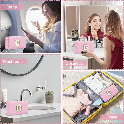 Personalized Initial Preppy Makeup Bag Organizer, Small Travel Cute Pink Cosmetic Bag Toiletry Zipper Pouch, Waterproof PU Leather Monogram Makeup Case Graduation Gift for Teacher Friends(Letter G)
