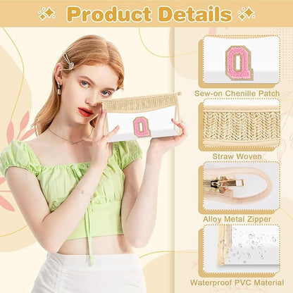 Small Boho Straw Initial Letter Makeup Bag Personalized Gift ,Cute Clear Chenille Patch Makeup Bag With Zipper,Trendy TSA Approved Travel Toiletry Bag,Gift for Women Girls Birthday Friend, Letter Q