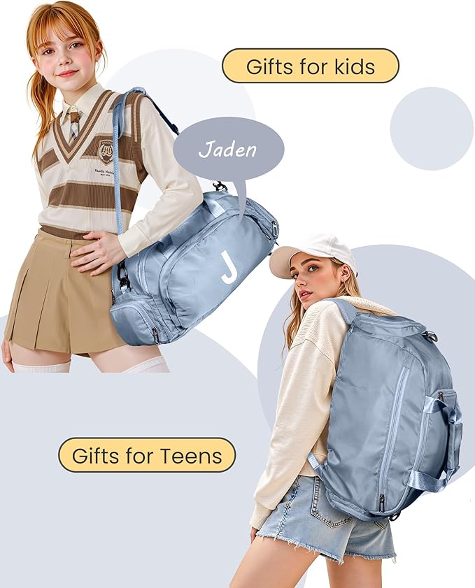 Sweet 16 Gifts for Girls, Initial Gym Bags with Shoe Compartment, Dance Bag for Girls, Monogram Kid Overnight Bags, Travel Duffle Tote-Perfect for Soccer Sport (Letter T)