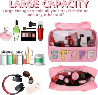 Iqimott Chenille Letter Patch Stuff Bag, Preppy Clear Makeup Cosmetic Bag Large Toiletry Storage Tote Bag with Handle, Transparent Nylon Waterproof Organizer Zipper Pouch for Travel Women Girls(Pink)