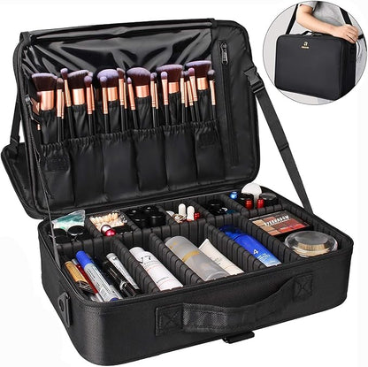 Relavel Makeup Case Large Makeup Bag Professional Train Case 16.5 inches Travel Cosmetic Organizer Brush Holder Waterproof Makeup Artist Storage Box, 3 Layer Large Capacity, with Adjustable Strap