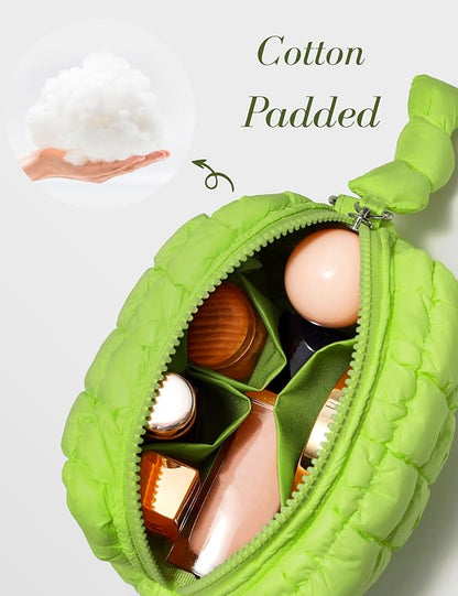 Yarnic Quilted Makeup Bag Quilt Cosmetic Bag, Puffy Travel Toiletry Bag for Women, Cute Makeup Bag Organizer Puffer Soft Makeup Pouch (Apple Green, S)