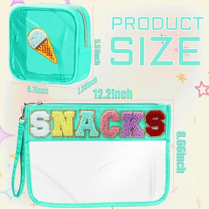2 Pcs Snacks Bag Gifts Cosmetic Makeup Bag with Chenille Letter Patch, Clear Pouch PVC Organizer Purse, Waterproof Travel Bag, Portable Toiletry Storage Bag for Her Girls Friends Women