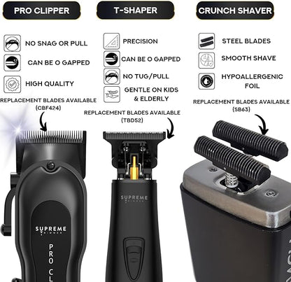 Supreme Trimmer 3-in-1 Barber Bundle | Pro Clipper Lite, T-Shaper Trimmer & Crunch Foil Shaver | Professional Beard Trimmer Men’s Hair Clipper Kit | Black
