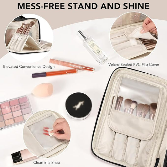 Travel Makeup Bag Women's Large Capacity Cosmetic Portable Organizer Large Opening Waterproof Storage Toiletry Bags Vertical Free-Standing Brush Holder for Easy Access Black