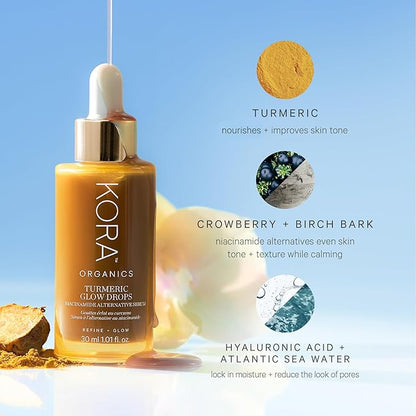 KORA Organics Turmeric Glow Drops, Certified Organic Radiance Face Serum with Niacinamide Alternative, Improves Texture & Pore Appearance, Vegan, 1.01 fl oz