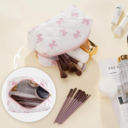 UUUYUUY Makeup Bag Travel Toiletry Bag for Women, Small Cosmetic Bags Cute Quilted Cotton Makeup Pouch for Purse Emergency Bag for School Floral Pencil Case Accessory Bag, Pink Bow