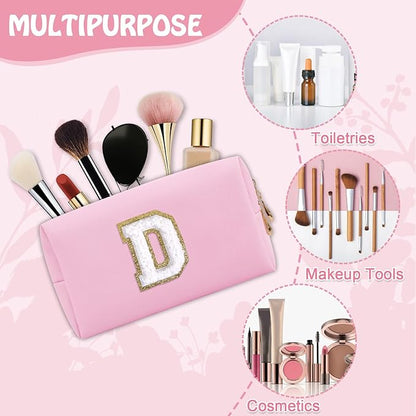 Personalized Chenille Letter Preppy Makeup Bag, Mini Cute Pink Travel Cosmetic Bag Initial Toiletry Zipper Pouch Makeup Storage, Waterproof Makeup Case Travel Essentials for Women Female (Letter D)