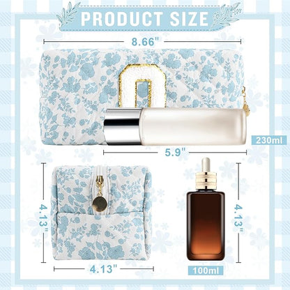 Personalized Quilted Cosmetic Bag, Puffy Monogrammed Christmas Birthday Gifts for Women & Girls, Cute initial Floral Makeup Bag Puffer Coquette Bag, Aesthetic Travel Toiletry Zipper Pouch(Blue,O)