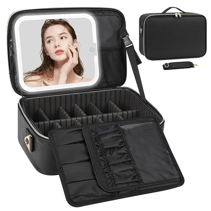 Relavel Makeup Train Case With LED Mirror, Professional Travel Cosmetic Bag with Removable Partitions, Compact Makeup Organizer with Separate Brush Board, Waterproof Travel Case for Women, Black