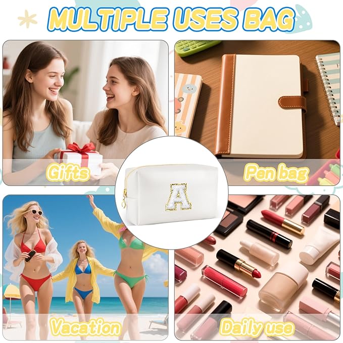 Gifts for Girls Initial Makeup Bag Personalized Cosmetic Bag with Zipper Cute Travel Toiletry Bags Waterproof PU Preppy Makeup Pouch Birthday Gift for Teen Girls Women(White A)