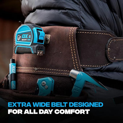 Ox Tools Pro Construction Tool Belt - 22-Pocket Leather Tool Belt Pouches - Rig Made of Oil-Tanned Leather with Double-Stitching and Steel Rivets - OX-P263604