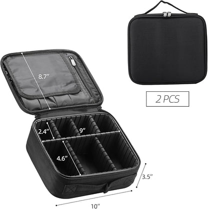 Tbestmax 2 Pack Travel Makeup Bag Cosmetic Train Case Organizer Portable Artist Storage Bag with Adjustable Dividers for Cosmetics Makeup Brushes Toiletry Jewelry Black