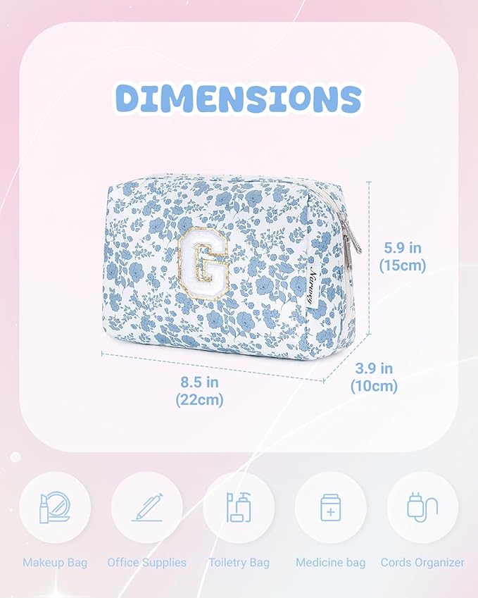 Narwey Birthday Gifts for Teen Girls Kids Women Personalized Initial Floral Makeup Bag Cute Cosmetic Trendy Stuff 6 8 10 11 12 13 14 16 18 Years Old Travel Toiletry Bag (Little Blue Flower G)