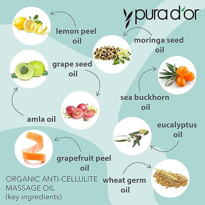 PURA D’OR 16 Oz Organic Anti-Cellulite Massage Oil for Toned Legs and Butt - Lemon Peel, Moringa, Grape Seed, Grapefruit & Eucalyptus Oils - Skin Firming & Tightening