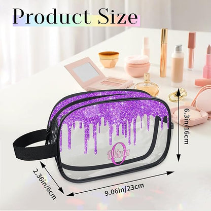 Personalized Name Clear Toiletry Bag, Large Travel PVC Cosmetic Bag Portable Makeup Organizer Bag for Women Bathroom Shower Essentials, Dark Voilet Purple Fluid Shape Glittering