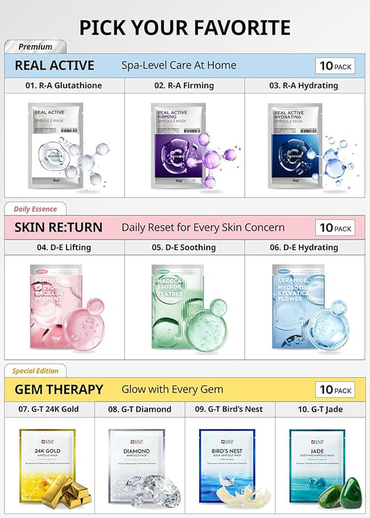 SNP 1000ppm Real Jade Mineral Ampoule Sheet Mask | Cleansing and Purifying All Sensitive Skin Types | Calming, Hydrating, and Moisturizing Facial Skin | Korean Face Masks Skincare | 10 Sheets