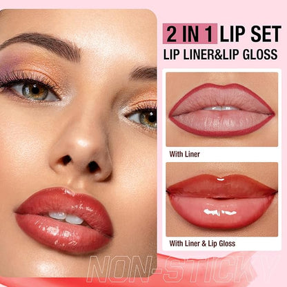 Jolilab Matte Lip Liner Lip Oil Set, Lip Makeup Set Natural Smooth Long-Lasting And Hydrating Beauty Daily Cosmetics Gift for Girls Easy-to-Use(4pcs)
