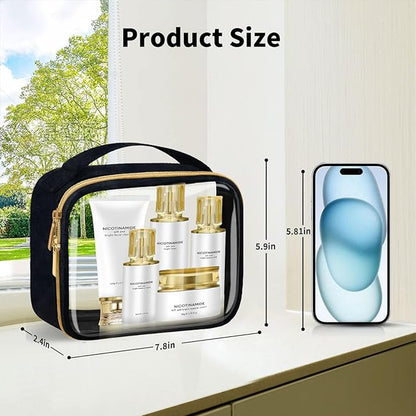 TSA Approved Travel Toiletry Bag,3 Pack Clear Makeup Bags with Handles,Quart Size Clear Cosmetic Bags for Traveling Women,Men,Carry on Airport Airline Compliant Bag,Black