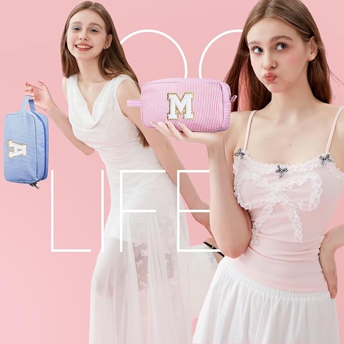 YOOLIFE Teacher Appreciation Gifts for Women - Personalized Birthday Gifts Idea for Women Teacher Best Friend Mom Bridesmaid, Large Initial Pink Makeup Bag, Cosmetic Toiletry Bag Case Make Up Pouch T