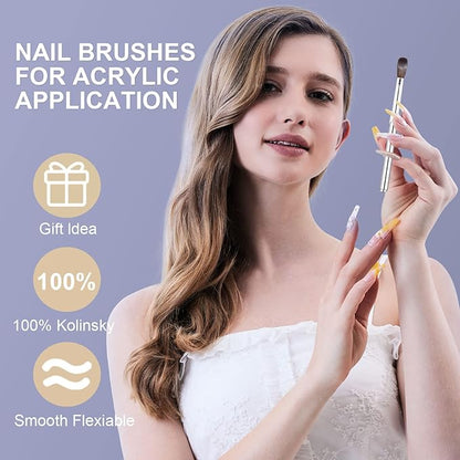 Acrylic Nail Art Brush Size 14, 100% Pure Kolinsky Hair Oval for Application, Professional Extension Manicure Tool Striping Drawing Pen DIY Home Salon, Silver, 1.0 Count