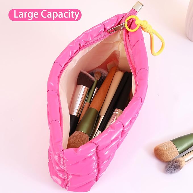 Puffer Quilted Makeup Bag Travel Cosmetic Bag Portable Puffy Checkered Toiletry Pouch Skincare Organizer Purse Pencil Case (Sky Blue)