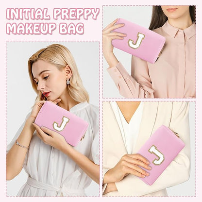 Personalized Preppy Small Travel Makeup Bag, Initial Chenille Letter Pink Makeup Bag Cosmetic Pouch Toiletry Organizer, PU Leather Waterproof Makeup Storage Cute Preppy Stuff for Female(Letter J)