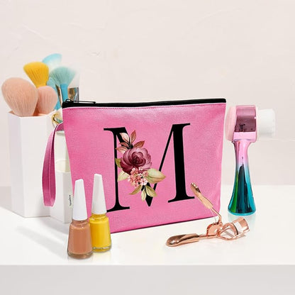 Vavabox A-Z Personalized Makeup Bag, Birthday Gifts for Women Mom, Gifts for Best Friend, Bride Bridesmaid Cosmetic bag (M, Peach)