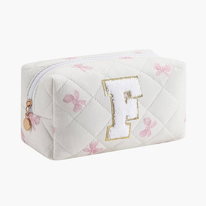 Gleyemor Personalized Initial Makeup Bag for Women, Cute Quilted Pink Floral Cotton Cosmetic Bag, Christmas Gifts for Her Mom Friend Sister Bridesmaid Teacher Women F