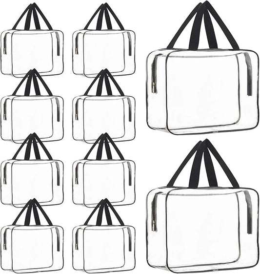 10 Pack Large Clear Makeup Cosmetic Organizer Bag with Handle PVC Plastic Toiletry Pouches with Zipper Transparent Makeup Bag, Plastic Tote Bags for Beach, Traveling