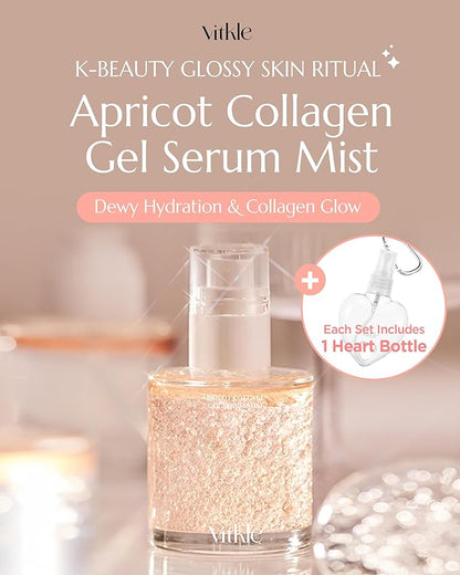 Apricot Collagen Gel Serum Mist Korean Face Moisturizer Spray - 8 Layer Hyaluronic Acid and Bakuchiol - Heart Shape Clear Keychain Refillable Travel Portable Bottle, 3.38oz