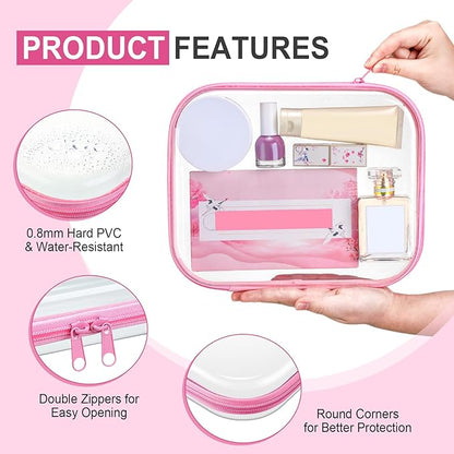 Sanwuta 6 Pcs Clear Hard Zipper Case Hard Plastic Zipper Pouches Makeup Bag Pencil Pouches Transparent Cases for Snacks Plastic Storage Organizer Box for Travel(Pink,9.84 x 7.87 x 2 Inch)