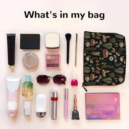 MOLAIGIN Wicthcrafts Red Mushroom Leaf Dragonfly Cosmetic Bag For Women, Travel Makeup Bag, Toiletry Zipper Bag, Large Capacity Aesthetic Cases