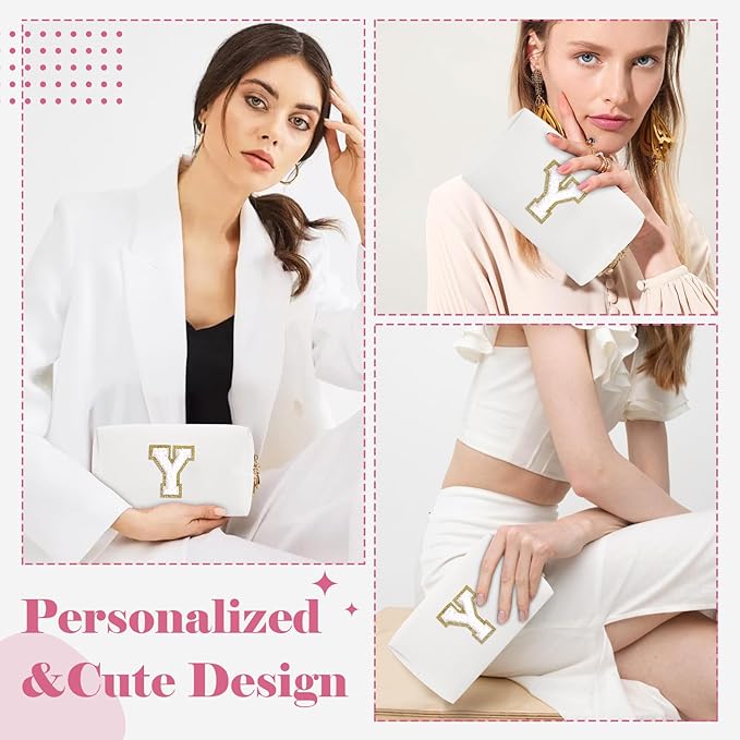 Small Personalized Initial A-Z Preppy Patch Makeup Bag,White PU Chenille Letter Travel Cosmetic Pouch with Zipper,Cute Toiletry Bag,Gift Ideal for Teen Girls Women Teacher Bridesmaid,Letter Y