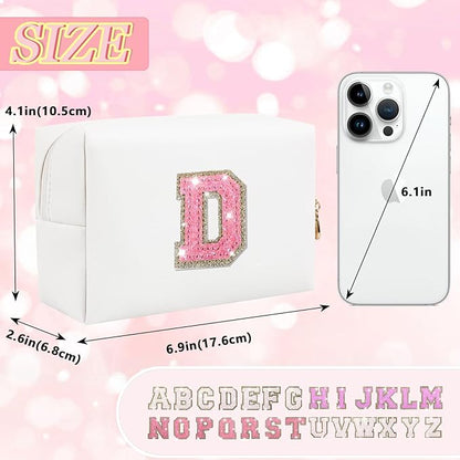 Personalized Initial Letter Makeup Bag, Preppy Glitter Letter Patch Cosmetic Pouch Zipper,PU Waterproof Travel Toiletry Bag Cute Makeup Organizer Monogrammed Make Up Bag,Gift for Women Girls